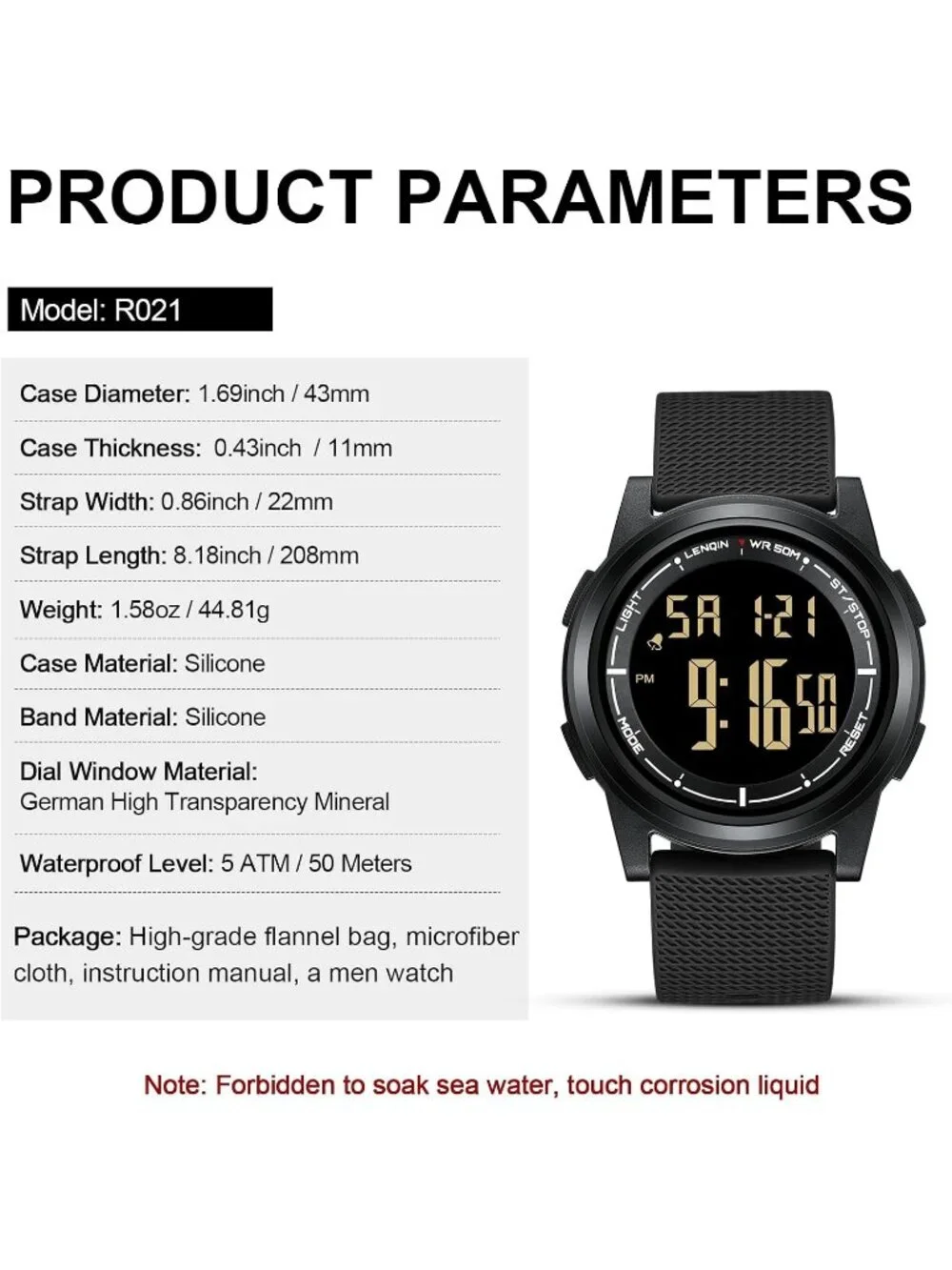 Men's Black Digital Ultra Thin Sports Waterproof Silicone Band Wrist Watches